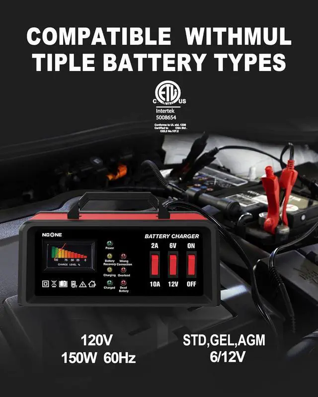 Alt view image 4 of 7 - 2A/10A Car Battery Charger, 6V/12V Battery Charger Automotive, Motorcycle Trickle Charger, Desulfator Float Charger and for AGM, EFB, STD,Lead Acid Batteries