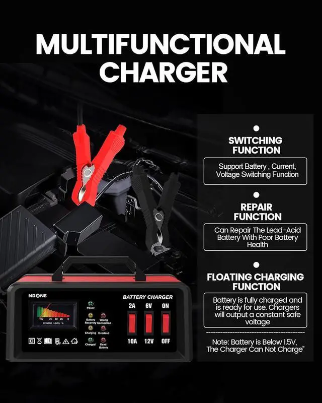 Alt view image 5 of 7 - 2A/10A Car Battery Charger, 6V/12V Battery Charger Automotive, Motorcycle Trickle Charger, Desulfator Float Charger and for AGM, EFB, STD,Lead Acid Batteries