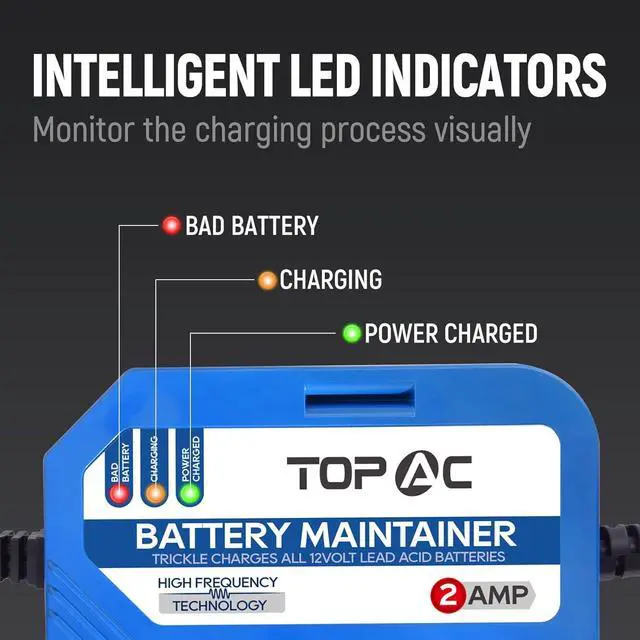 Alt view image 3 of 6 - 2 Amp Car Battery Charger,12V Smart Fully Automatic Battery Charger Maintainer Trickle Charger and Float Charger for Car Truck Motorcycle Lawn Mower Boat, Lead Acid Batteries