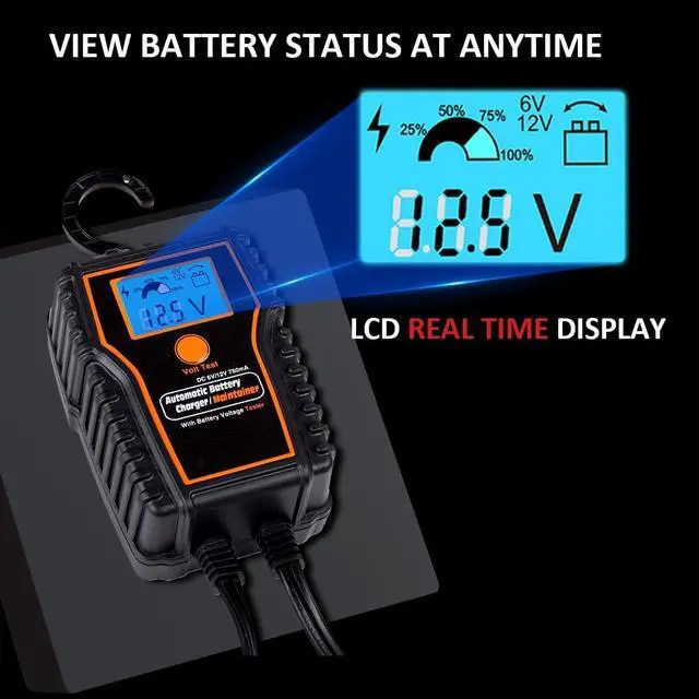 Alt view image 5 of 7 - Automotic Battery Trickle Charger Maintainer 12 Volt 750mA Battery Float Charger Maintainer with LCD Float Charging for Motorcycle ATV Lawn Mower Car Boat