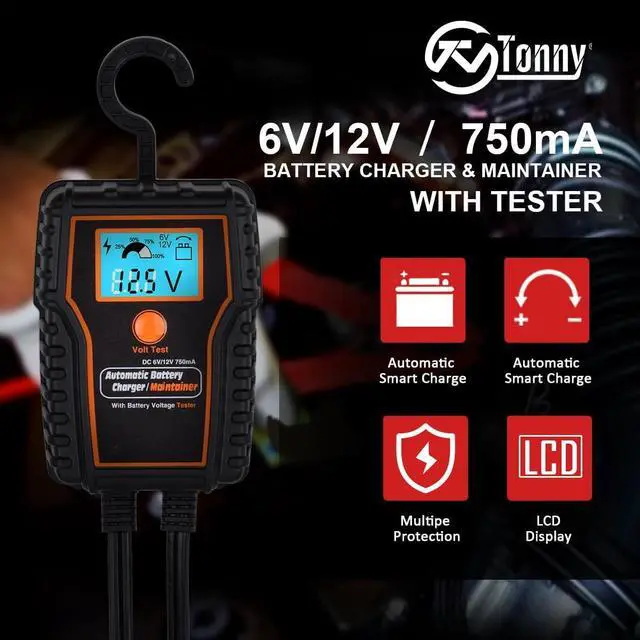 Alt view image 4 of 7 - Automotic Battery Trickle Charger Maintainer 12 Volt 750mA Battery Float Charger Maintainer with LCD Float Charging for Motorcycle ATV Lawn Mower Car Boat