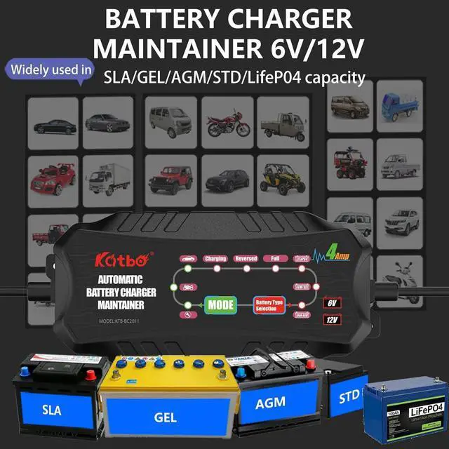 Alt view image 2 of 7 - Car Battery Charger Automotive Battery Charger Maintainer 6V 12V 4-Amp Trickle Charger for Car Motorcycle Lawn Mower Boat Marine RV SUV ATV SLA Wet AGM Gel Cell Lead Acid LifePo4 Batteries