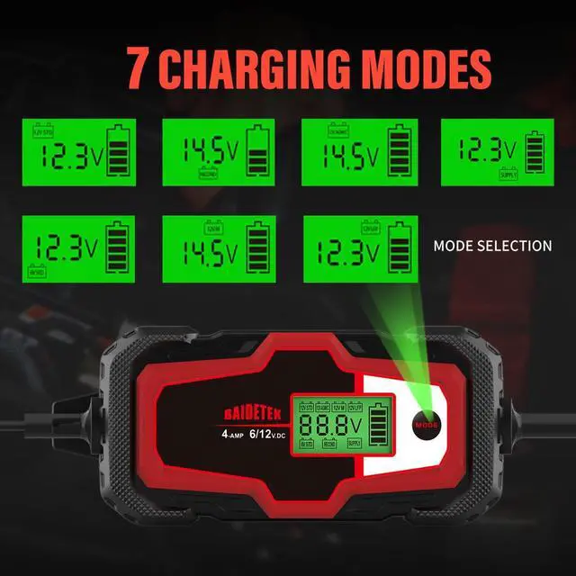 Alt view image 3 of 7 - 6V/12V 4A Car Battery Charger, Automatic Battery Maintainer, Smart Trickle Charger for Car Battery, Motorcycle, Lithium LifePO4 Battery, ATV, Boat, Truck, Lawn Mower Lead Acid Battery