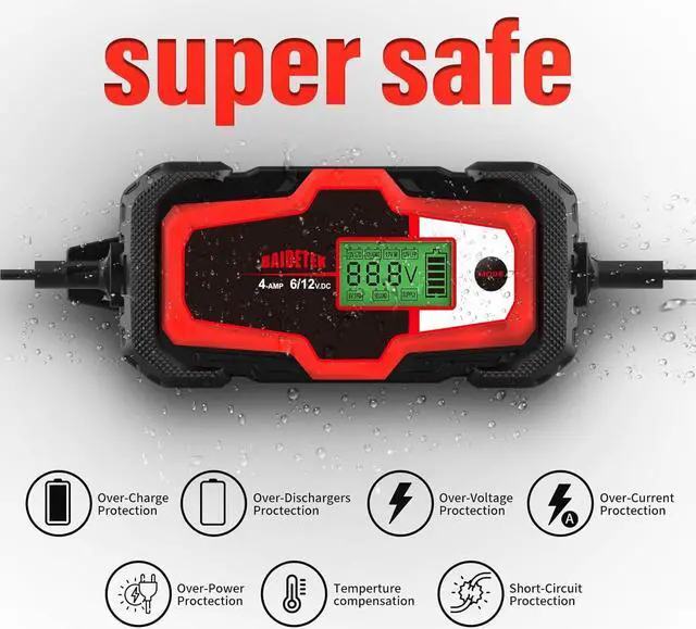Alt view image 6 of 7 - 6V/12V 4A Car Battery Charger, Automatic Battery Maintainer, Smart Trickle Charger for Car Battery, Motorcycle, Lithium LifePO4 Battery, ATV, Boat, Truck, Lawn Mower Lead Acid Battery
