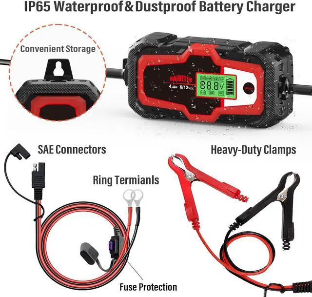 Alt view image 5 of 7 - 6V/12V 4A Car Battery Charger, Automatic Battery Maintainer, Smart Trickle Charger for Car Battery, Motorcycle, Lithium LifePO4 Battery, ATV, Boat, Truck, Lawn Mower Lead Acid Battery