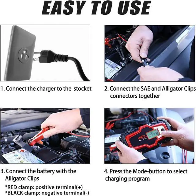 Alt view image 7 of 7 - 6V/12V 4A Car Battery Charger, Automatic Battery Maintainer, Smart Trickle Charger for Car Battery, Motorcycle, Lithium LifePO4 Battery, ATV, Boat, Truck, Lawn Mower Lead Acid Battery