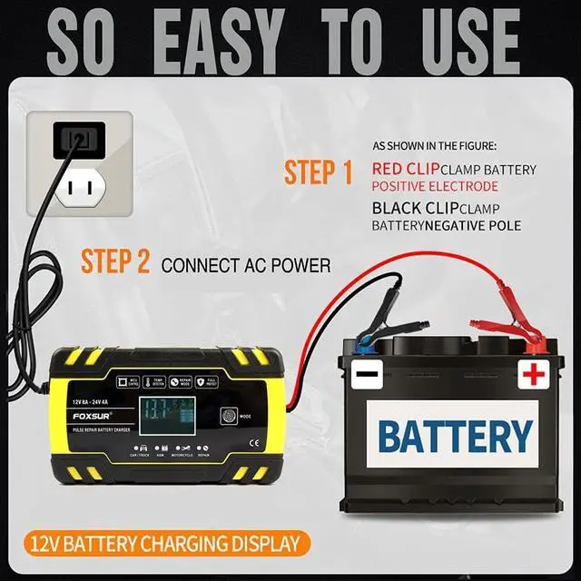Alt view image 4 of 7 - Car Battery Charger 12V/8A 24V/4A Automatic Smart Battery Charger/Maintainer Trickle Charger with LCD Screen Pulse Repair Charger Pack for Car Truck Motorcycle Lawn Mower Boat etc