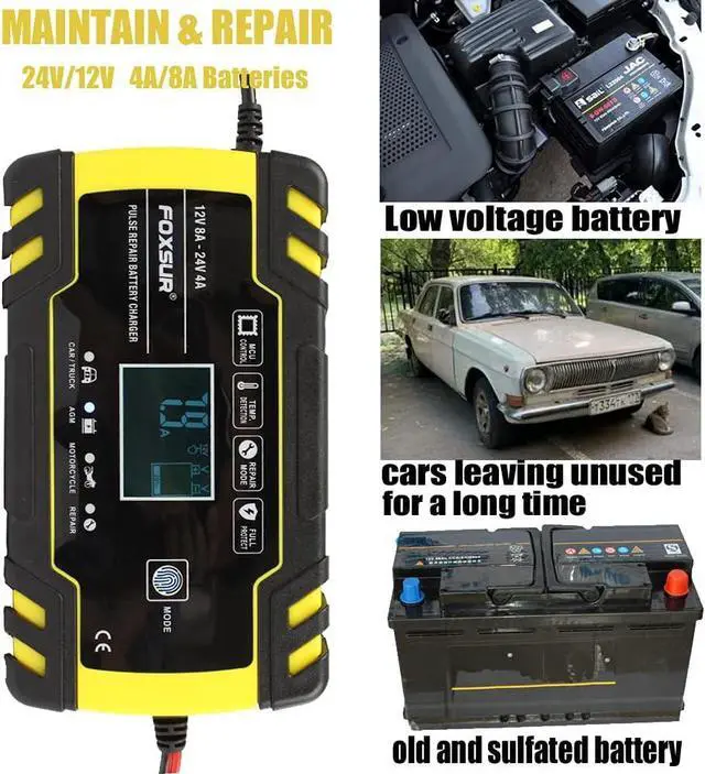 Alt view image 3 of 7 - Car Battery Charger 12V/8A 24V/4A Automatic Smart Battery Charger/Maintainer Trickle Charger with LCD Screen Pulse Repair Charger Pack for Car Truck Motorcycle Lawn Mower Boat etc