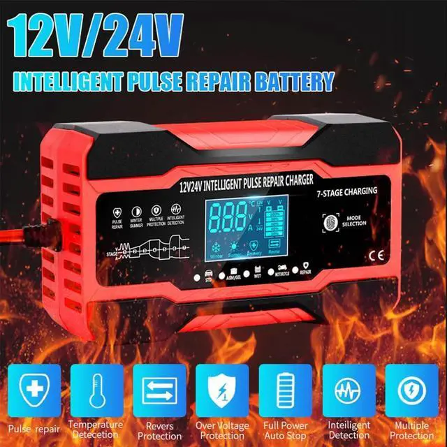Alt view image 2 of 6 - 10-Amp Car Battery Charger, 12V and 24V Fully Automatic Smart Car Battery Desulfator, Battery Maintainer Trickle Charger, Battery Maintainer with Temperature Compensation for Boat Motorcycle
