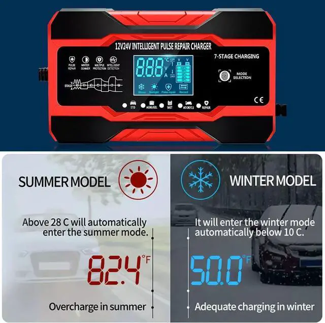 Alt view image 4 of 6 - 10-Amp Car Battery Charger, 12V and 24V Fully Automatic Smart Car Battery Desulfator, Battery Maintainer Trickle Charger, Battery Maintainer with Temperature Compensation for Boat Motorcycle
