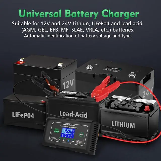 Alt view image 3 of 7 - 25 Amp Lithium Battery Charger, 12V and 24V Lifepo4,Lead-Acid(AGM/Gel/SLA..) Battery Charger,Battery Maintainer, Trickle Charger, and Battery Desulfator for Car,Boat,Motorcycle, Lawn Mower.