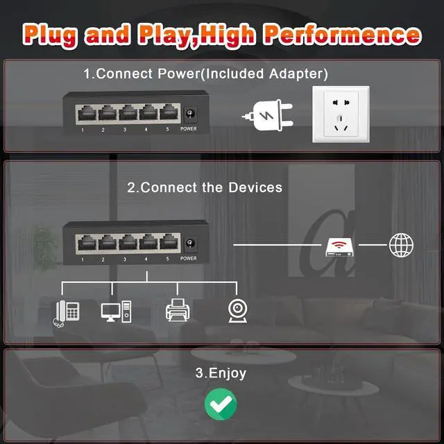 Alt view image 5 of 7 - 5 Ports Gigabit Ethernet Switch, Unmanaged Network Switch,Ethernet Splitter | Plug & Play | Fanless Metal Design | Shielded Ports | Traffic Optimization,Supported Desktop or Wall Mount