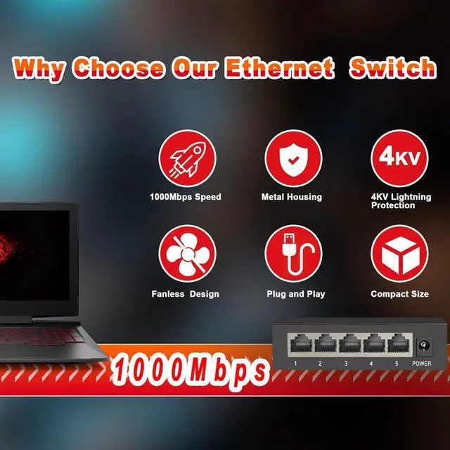 Alt view image 2 of 7 - 5 Ports Gigabit Ethernet Switch, Unmanaged Network Switch,Ethernet Splitter | Plug & Play | Fanless Metal Design | Shielded Ports | Traffic Optimization,Supported Desktop or Wall Mount