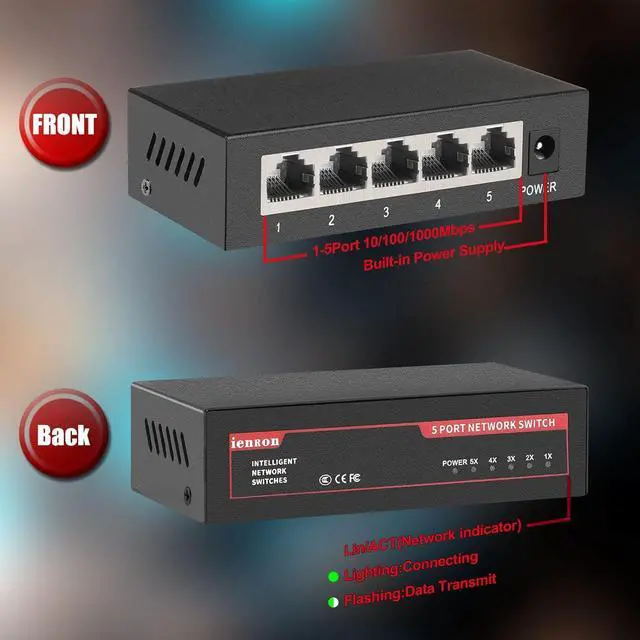 Alt view image 4 of 7 - 5 Ports Gigabit Ethernet Switch, Unmanaged Network Switch,Ethernet Splitter | Plug & Play | Fanless Metal Design | Shielded Ports | Traffic Optimization,Supported Desktop or Wall Mount