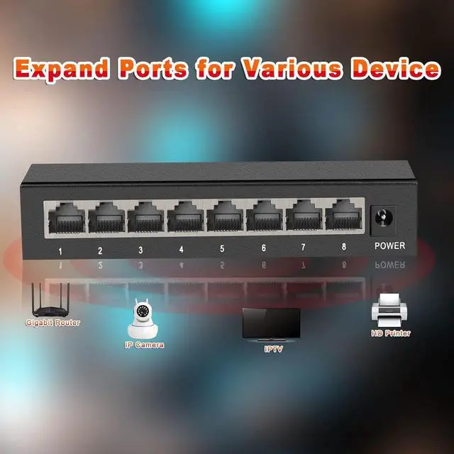Alt view image 4 of 7 - 8 Ports Gigabit Ethernet Switch,Unmanaged Network Switch with Metal Case, | Plug & Play | Fanless&Shielded Ports | Traffic Optimization, Supported Desktop or Wall Mount, Easy to Take