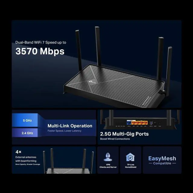 Alt view image 6 of 6 - TP-Link Dual-Band BE3600 Wi-Fi 7 Router Archer BE230 | 4-Stream 3.6 Gbps | 2×2.5G + 3×1G Ports, USB 3.0, 2.0 GHz Quad Core, 4 Antennas | VPN Clients & Server | EasyMesh, HomeShield, MLO, Private IOT