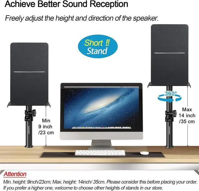 Alt view image 2 of 7 - Set of 2 Desktop Clamp Speaker Stands Short Studio Monitor Stands Height Adjustable