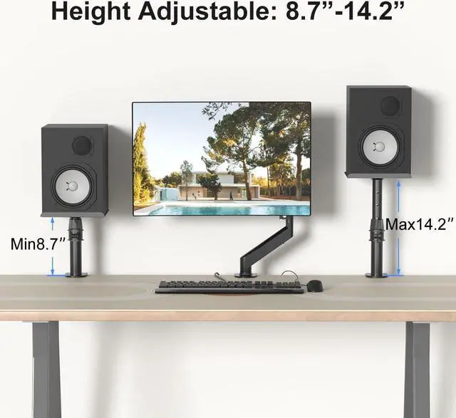 Alt view image 4 of 7 - Clamp-on Speaker Stand Desk Mount Set, Height Adjustment, Tilt, Swivel, 9.6 x 8.8 inch Trays, Universal Audio Holders for Computer and Bookshelf Speakers, Elevated Sound, 2 Pack, Black, SDM001B