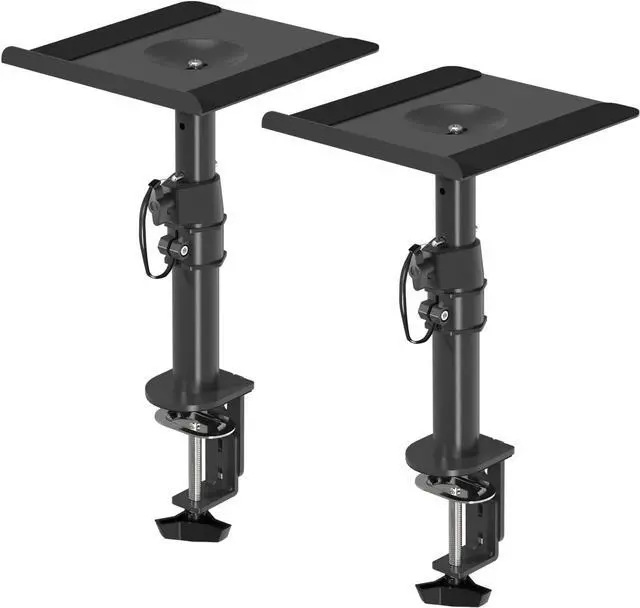 Main image of Clamp-on Speaker Stand Desk Mount Set, Height Adjustment, Tilt, Swivel, 9.6 x 8.8 inch Trays, Universal Audio Holders for Computer and Bookshelf Speakers, Elevated Sound, 2 Pack, Black, SDM001B