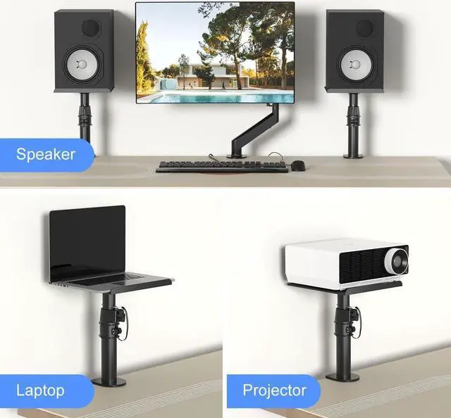 Alt view image 5 of 7 - Clamp-on Speaker Stand Desk Mount Set, Height Adjustment, Tilt, Swivel, 9.6 x 8.8 inch Trays, Universal Audio Holders for Computer and Bookshelf Speakers, Elevated Sound, 2 Pack, Black, SDM001B