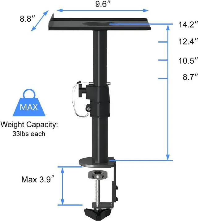 Alt view image 2 of 7 - Clamp-on Speaker Stand Desk Mount Set, Height Adjustment, Tilt, Swivel, 9.6 x 8.8 inch Trays, Universal Audio Holders for Computer and Bookshelf Speakers, Elevated Sound, 2 Pack, Black, SDM001B