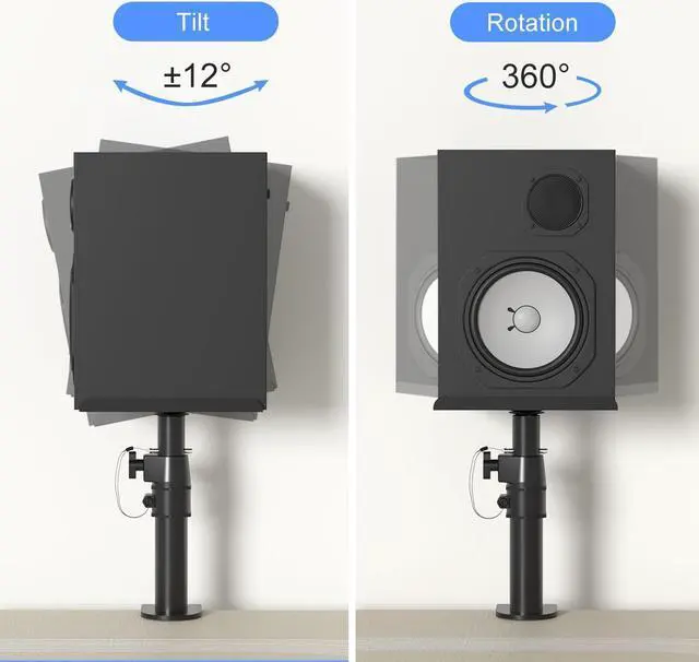 Alt view image 3 of 7 - Clamp-on Speaker Stand Desk Mount Set, Height Adjustment, Tilt, Swivel, 9.6 x 8.8 inch Trays, Universal Audio Holders for Computer and Bookshelf Speakers, Elevated Sound, 2 Pack, Black, SDM001B