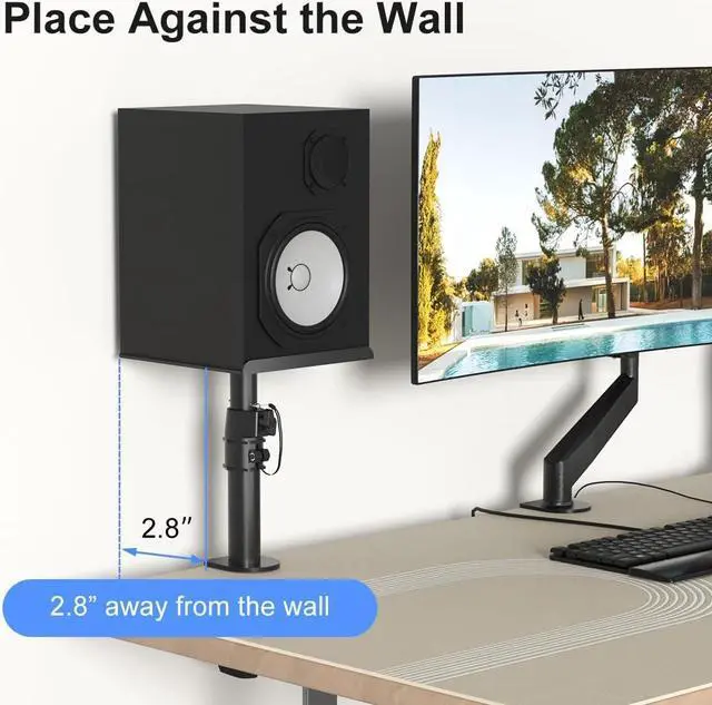 Alt view image 6 of 7 - Clamp-on Speaker Stand Desk Mount Set, Height Adjustment, Tilt, Swivel, 9.6 x 8.8 inch Trays, Universal Audio Holders for Computer and Bookshelf Speakers, Elevated Sound, 2 Pack, Black, SDM001B