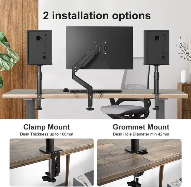 Alt view image 7 of 7 - Clamp-on Speaker Stand Desk Mount Set, Height Adjustment, Tilt, Swivel, 9.6 x 8.8 inch Trays, Universal Audio Holders for Computer and Bookshelf Speakers, Elevated Sound, 2 Pack, Black, SDM001B