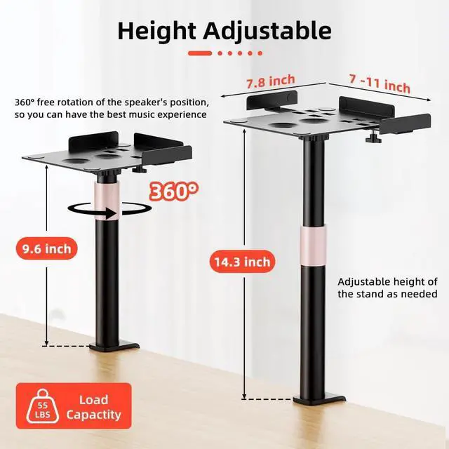 Alt view image 2 of 7 - Desk Clamp Speaker Stands Set of 2, Studio Monitor Stands 25° Tilt Angle Mount Height Adjustable, Tray Width from 7" to 11", Load Capacity 55 lbs