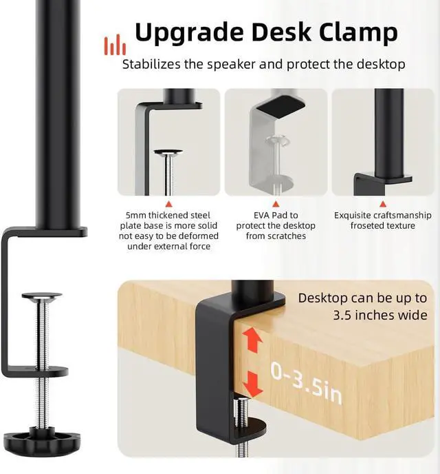 Alt view image 5 of 7 - Desk Clamp Speaker Stands Set of 2, Studio Monitor Stands 25° Tilt Angle Mount Height Adjustable, Tray Width from 7" to 11", Load Capacity 55 lbs
