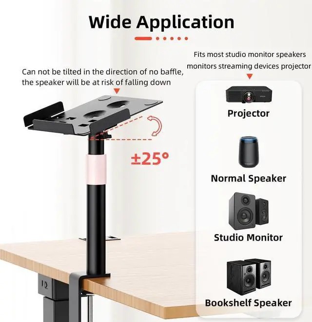Alt view image 4 of 7 - Desk Clamp Speaker Stands Set of 2, Studio Monitor Stands 25° Tilt Angle Mount Height Adjustable, Tray Width from 7" to 11", Load Capacity 55 lbs