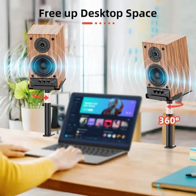 Alt view image 6 of 7 - Desk Clamp Speaker Stands Set of 2, Studio Monitor Stands 25° Tilt Angle Mount Height Adjustable, Tray Width from 7" to 11", Load Capacity 55 lbs
