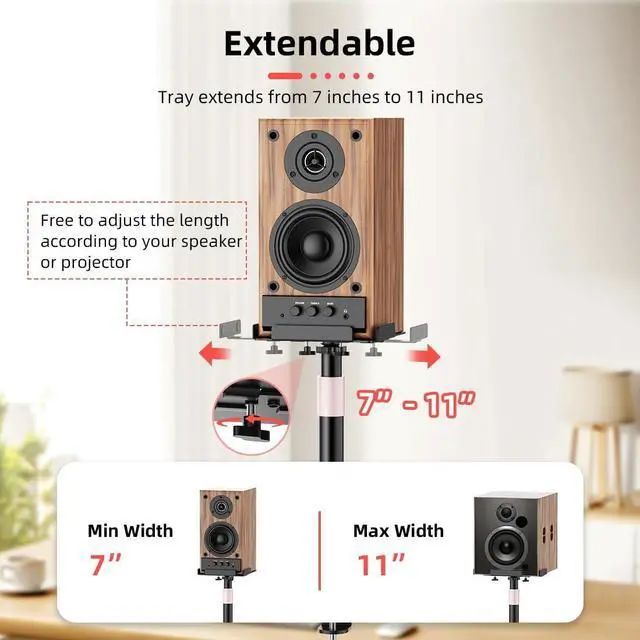 Alt view image 3 of 7 - Desk Clamp Speaker Stands Set of 2, Studio Monitor Stands 25° Tilt Angle Mount Height Adjustable, Tray Width from 7" to 11", Load Capacity 55 lbs