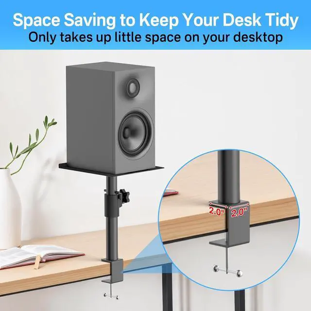 Alt view image 5 of 7 - Pair of Studio Monitor Stands for PreSonus, JBL NANO K, Desk Speaker Stands for KRK, Klipsch, Polk and More Bookshelf Speakers Adjustable Height, Tilt & Swivel Desktop Clamp Stands Wr Headphone Holder