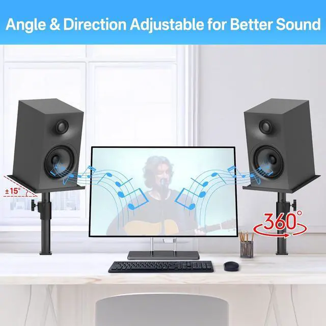 Alt view image 4 of 7 - Pair of Studio Monitor Stands for PreSonus, JBL NANO K, Desk Speaker Stands for KRK, Klipsch, Polk and More Bookshelf Speakers Adjustable Height, Tilt & Swivel Desktop Clamp Stands Wr Headphone Holder