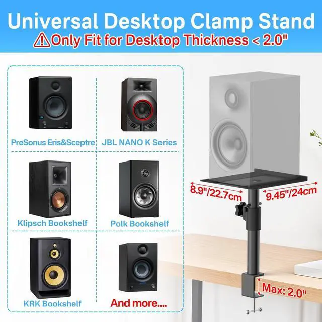 Alt view image 2 of 7 - Pair of Studio Monitor Stands for PreSonus, JBL NANO K, Desk Speaker Stands for KRK, Klipsch, Polk and More Bookshelf Speakers Adjustable Height, Tilt & Swivel Desktop Clamp Stands Wr Headphone Holder
