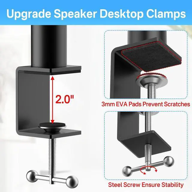 Alt view image 7 of 7 - Pair of Studio Monitor Stands for PreSonus, JBL NANO K, Desk Speaker Stands for KRK, Klipsch, Polk and More Bookshelf Speakers Adjustable Height, Tilt & Swivel Desktop Clamp Stands Wr Headphone Holder