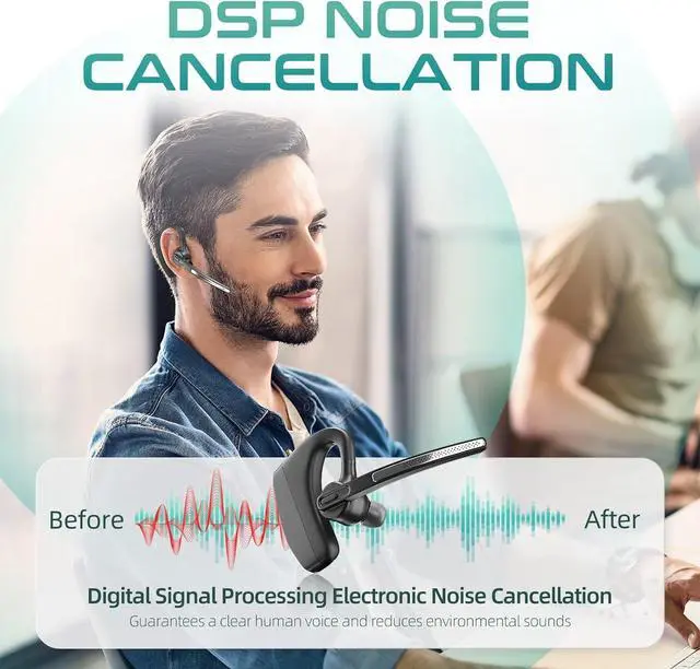 Alt view image 2 of 7 - Bluetooth Headset with Noise Cancelling Mic, Bluetooth Earpiece for Business & Office Teams, Charging Case & Dongle for iPhone Cell Phones, Trucker Work, PC/Laptop with Zoom, Google Meet
