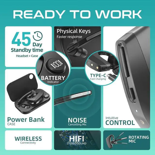 Alt view image 3 of 7 - Wireless Earpiece Headset with USB Charging Case & Noise Cancelling Mic for PC, Phone, Bluetooth Headphones Over Ear with Microphone for Zoom Meetings, Work from Home, Trucker Use