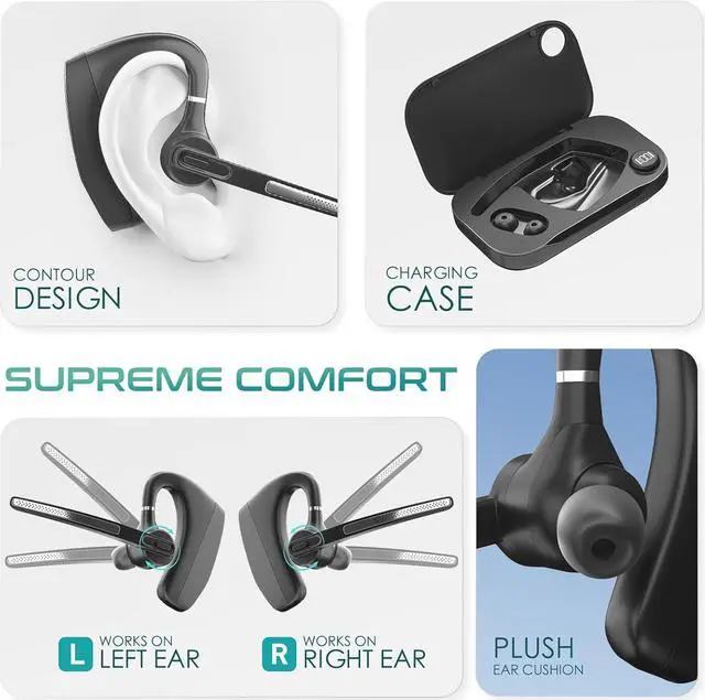 Alt view image 7 of 7 - Wireless Earpiece Headset with USB Charging Case & Noise Cancelling Mic for PC, Phone, Bluetooth Headphones Over Ear with Microphone for Zoom Meetings, Work from Home, Trucker Use