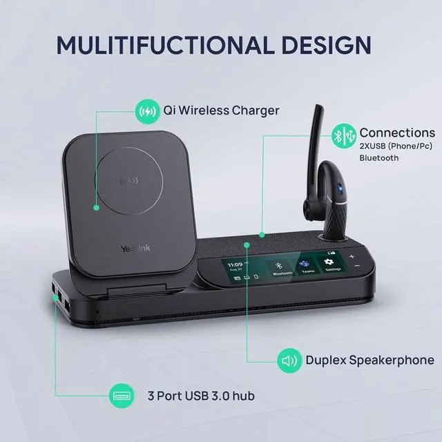 Alt view image 5 of 6 - BH71 Bluetooth Headset Workstation, Office Wireless Headset with Noise Canceling Mic, Speakerphone, Wireless Charging Pad, Charging Case, Connect to Desk Phone, PC, Work with Teams Zoom