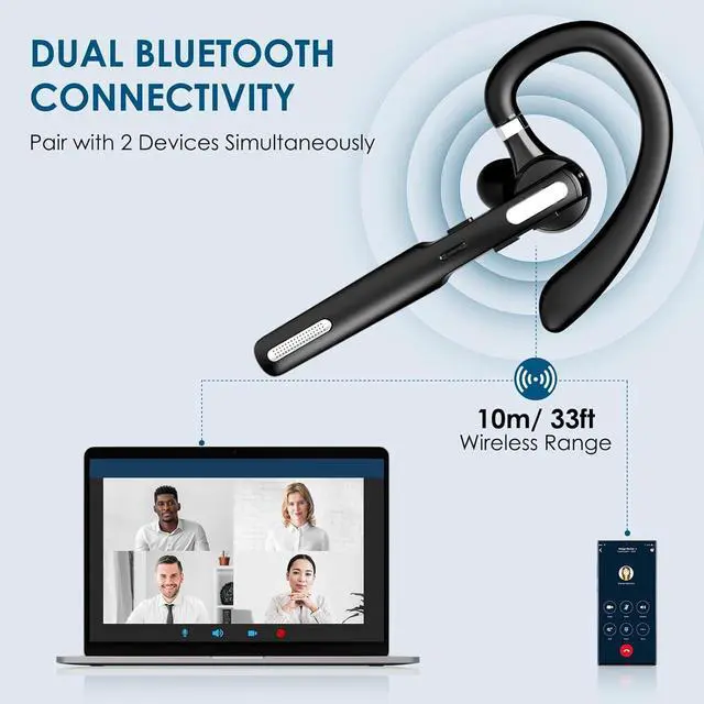 Alt view image 3 of 7 - Bluetooth Headset, Wireless Earpiece with Noise Cancelling Microphone for Driving, Single Ear Headphones for Cell Phones, Computer, PC, Long Hours Talking Time for Driving, Online Meetings (Black)