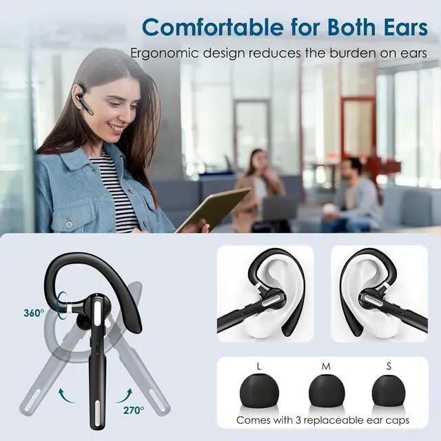 Alt view image 2 of 7 - Bluetooth Headset, Wireless Earpiece with Noise Cancelling Microphone for Driving, Single Ear Headphones for Cell Phones, Computer, PC, Long Hours Talking Time for Driving, Online Meetings (Black)
