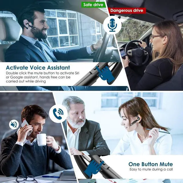Alt view image 6 of 7 - Bluetooth Headset, Wireless Earpiece with Noise Cancelling Microphone for Driving, Single Ear Headphones for Cell Phones, Computer, PC, Long Hours Talking Time for Driving, Online Meetings (Black)