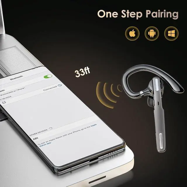 Alt view image 4 of 7 - Bluetooth Headset, Wireless Bluetooth Earpiece V5.0 Hands-Free Earphones with Built-in Mic for Driving/Business/Office, Compatible with iPhone and Android (Gray)
