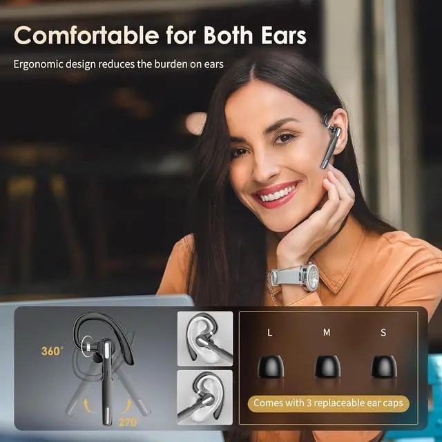 Alt view image 6 of 7 - Bluetooth Headset, Wireless Bluetooth Earpiece V5.0 Hands-Free Earphones with Built-in Mic for Driving/Business/Office, Compatible with iPhone and Android (Gray)