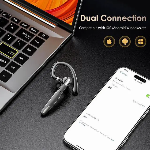 Alt view image 3 of 7 - Bluetooth Headset, Wireless Bluetooth Earpiece V5.0 Hands-Free Earphones with Built-in Mic for Driving/Business/Office, Compatible with iPhone and Android (Gray)