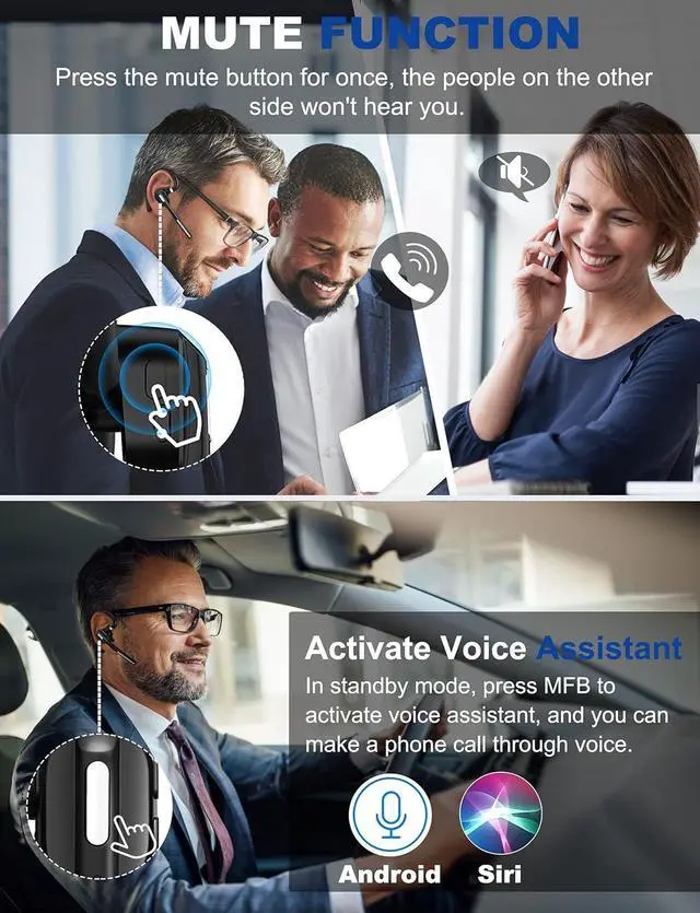 Alt view image 6 of 7 - Bluetooth Headset V5.1, Wireless Headset with Battery Display Charging Case, Bluetooth Earpiece with Noise Canceling Mic for Driving, Office, Business, Compatible with Cell Phone and PC