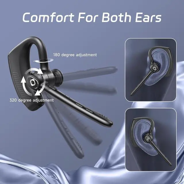 Alt view image 2 of 7 - Wireless Headset Bluetooth Earpiece with Dual Noise Canceling Microphone Hands Free Headphones Single Ear Earphone Over Ear Earbud for iPhone Samsung Android Cellphones TV PC Trucker Game Work Driving