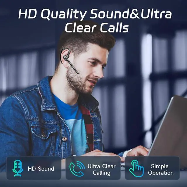 Alt view image 3 of 7 - Wireless Headset Bluetooth Earpiece with Dual Noise Canceling Microphone Hands Free Headphones Single Ear Earphone Over Ear Earbud for iPhone Samsung Android Cellphones TV PC Trucker Game Work Driving